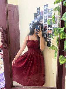 Maroon Smocked Button-Up Midi Dress
