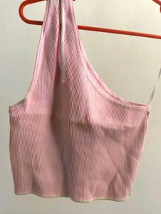 Pink One Shoulder Ribbed Tank Top