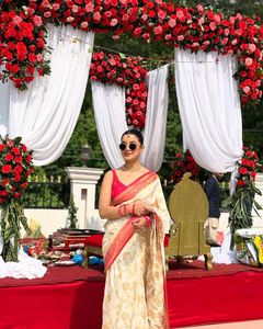 Elegant Cream & Red Banarasi Saree