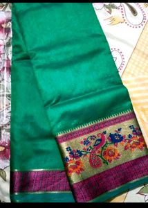Emerald Green Sari with Floral Peacock Border