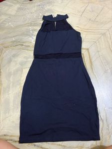 Navy Mesh Panel Halter Neck Dress