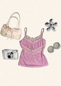 y2k cottage core Cute Pink Lace Trim Camisole Top