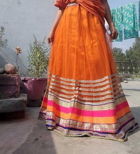 Vibrant Orange Tulle Skirt with Embellished Border
