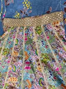 Designer Pink Brocade Blouse &amp; Printed Lehenga Set