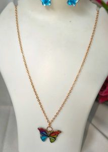 Cute Butterfly Blue Metal Necklace &amp; Earrings Set