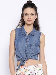 ONLY Blue Lyocell Tie-Front Sleeveless Shirt | S