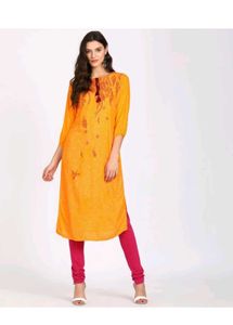 Orange Printed Viscose Rayon Straight Kurta
