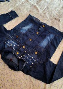 Denim Jacket with Pearls and Brown Pants