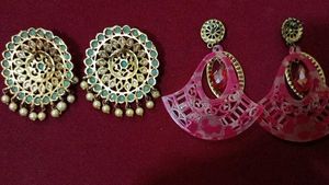 Elegant Gold &amp; Teal Studs + Red Fan Earrings