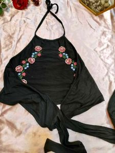 Embroidered Halter Neck Crop Top