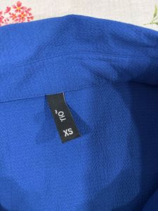 Fitted Blue Ruched Button-Down Top Shirt