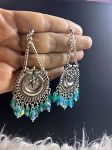 Bohemian Silver Dangle Earrings with Blue Beads
