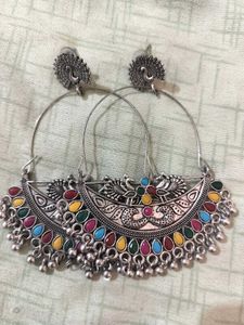 Boho Peacock Oxidised Hoop Earrings
