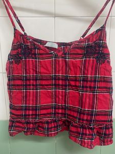 Red Plaid Cami Top with Ruffle Hem