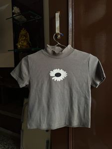 Grey Ribbed Graphic Crop Top
