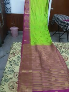 Vibrant Lime Green Saree with Pink Border