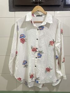 White Floral Print Button-Down Shirt
