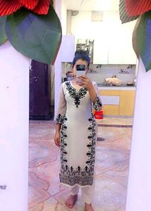 Elegant White Kurta with Black Embroidery