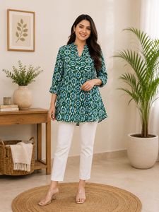 Green Ikat Print Kurta Top