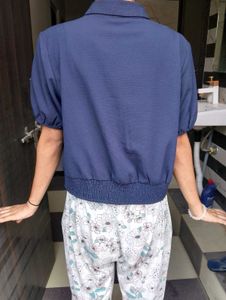 Stylish Blue Collared Short Sleeve Top