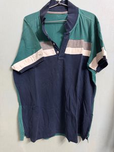 Teal & Navy Blue Color Blocked Polo T-Shirt