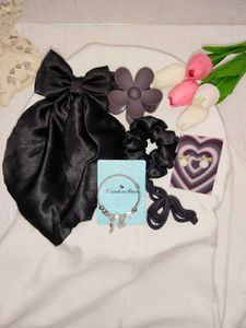 Chic Black Satin Bow &amp; Hair Clips Set
