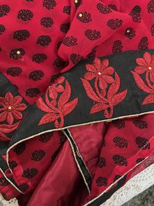 Red &amp; Black Printed Saree with Floral Border