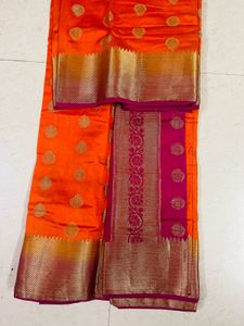 Orange Banarasi Silk Saree With Pink Border