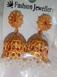 Golden Jhumka Earrings with Pearls