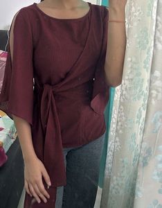 FabAlley Maroon Cold-Shoulder Wrap Top