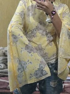 Yellow Lace Bell Sleeve Top