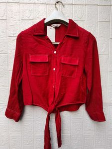 New with tag Chic Red Button-Up Crop Shirt