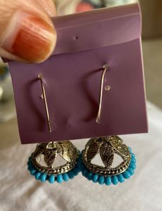 Oxidised Silver Jhumki Earrings with Blue Bead