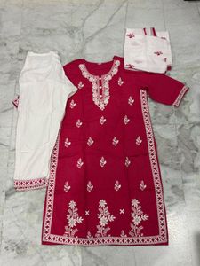 Elegant Pink 3-Piece Kurta Set with White Embroide