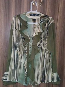 ruffle green button up shirt