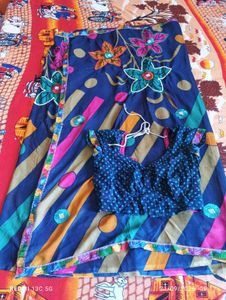 Blue Saree with Colorful Floral Print