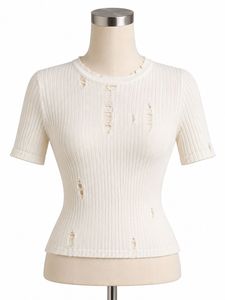 Cream Distressed Ribbed Knit Top