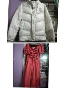 White Puffer Jacket and coral long dress