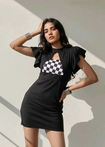 Chic Black Checkerboard Cutout Dress