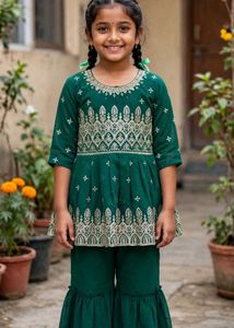 Embroidered Green Kurta Set for Girls