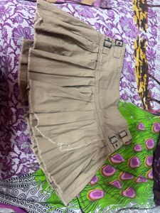 Tan Pleated Mini Skirt with Buckles