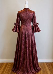 Wine Brocade Dress with Bell Sleeves