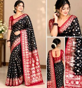 Elegant Black & Red Banarasi Silk Saree