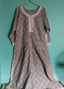 Elegant Grey Printed Kurti with Lace Detail Gown