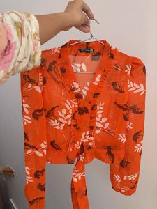 Chic Orange Floral Print Sheer top