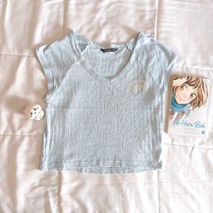 Cute Blue Ribbed V-Neck Crop Top