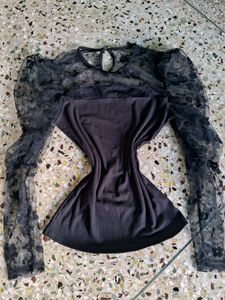 Floral Mesh Puff Sleeves Black Top