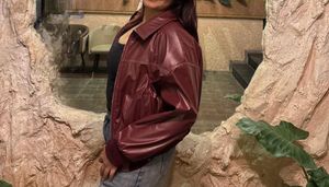 SAVANA Burgundy faux leather bomber jacket