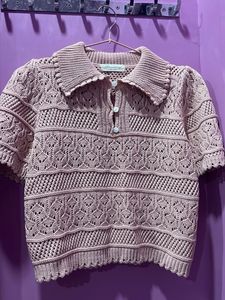 Crochet Knit Polo Top