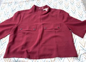 Maroon Mock Neck Pocket Blouse